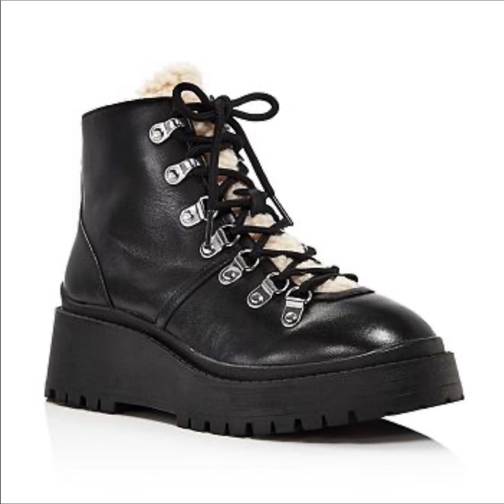 Aqua Miranda Black Leather Wedge Hiker Boots NWT